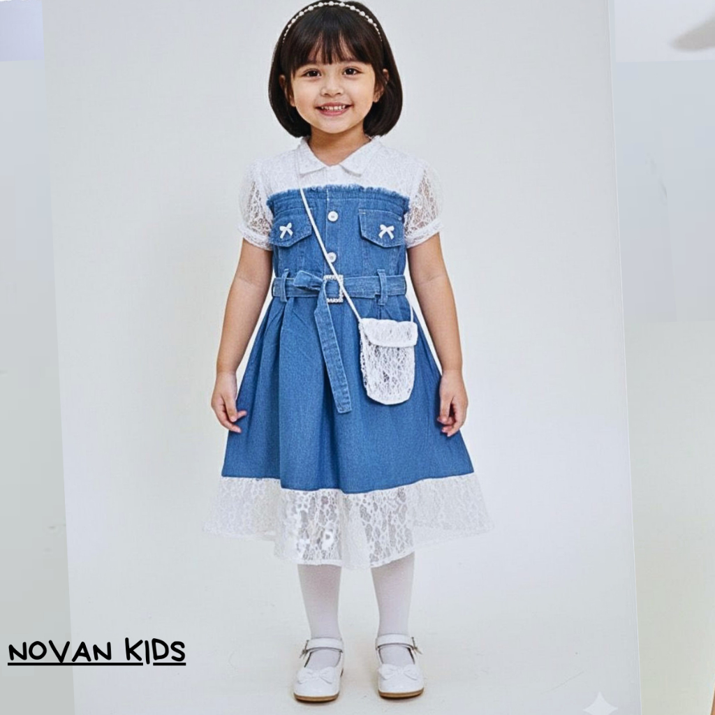 Dress Jeans Anak Perempuan Import Motif Salur Model Terbaru 2025 Usia 3 - 10 Tahun Gaun Pesta Anak P