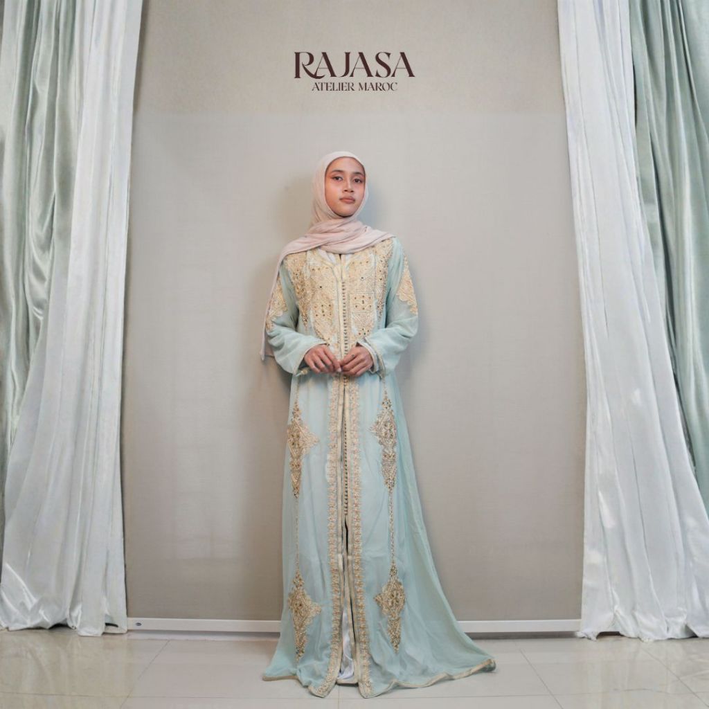 Baju Kaftan original from Maroko warna Hijau Tosca bordir emas Muslim Gamis Wanita