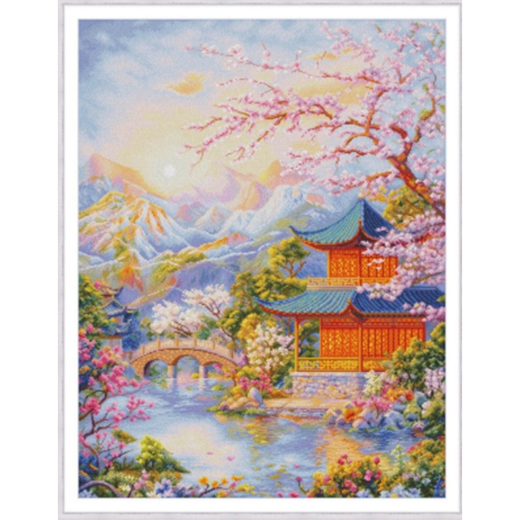 DIY PAKET KRISTIK PEMANDANGAN SAKURA HOUSE LAKE CROSS STITCH 14CT