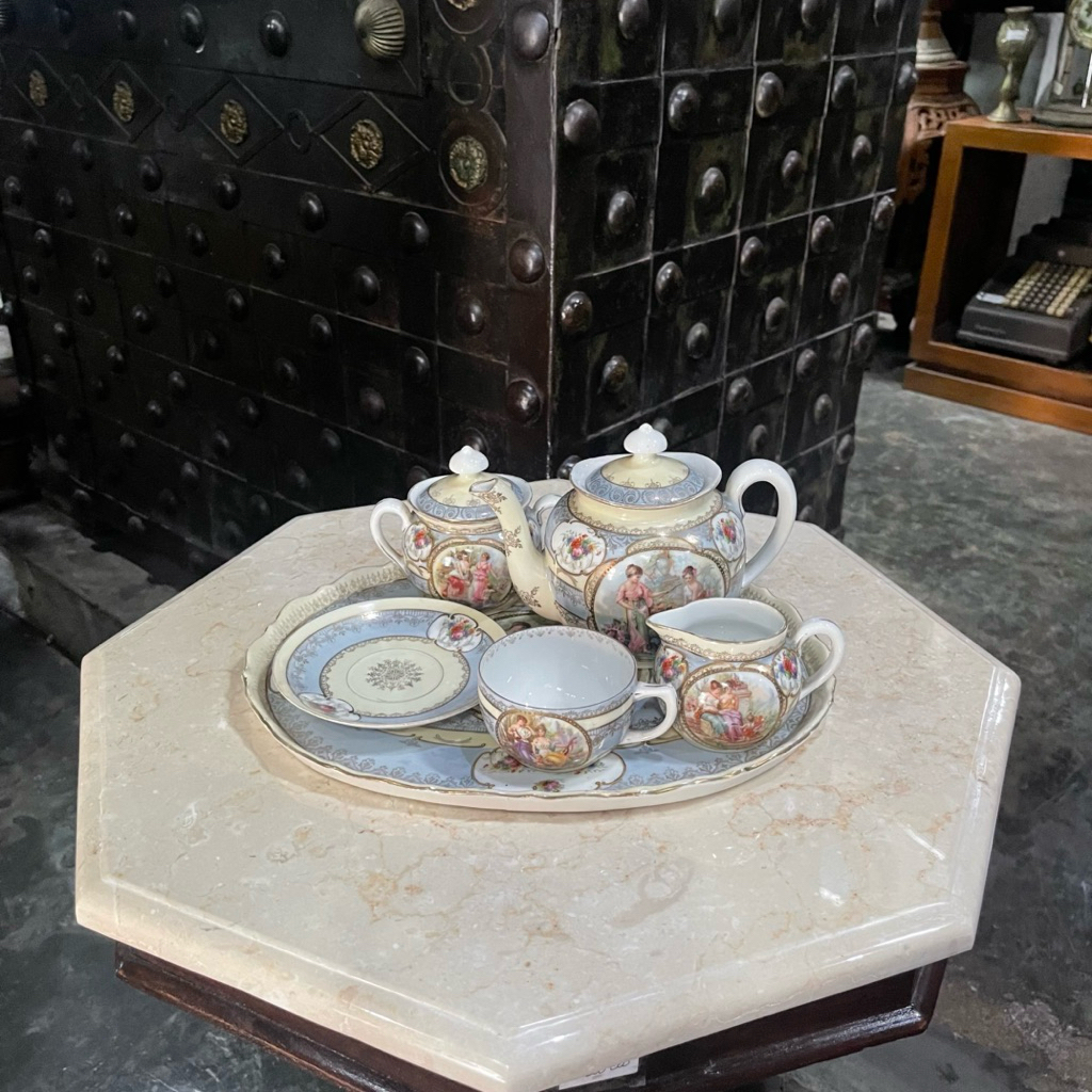 Set Teko Cangkir Tea Set Keramik Prove Saxe Jerman dengan Nampan Antik Lawas Tua