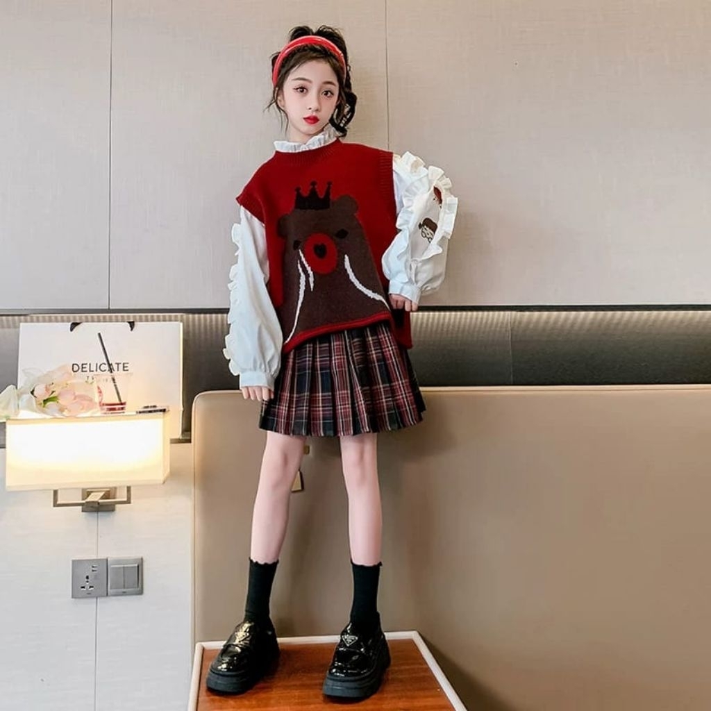 DV-010 SETELAN BAJU 3IN1 ANAK PEREMPUAN IMPORT USIA 9-13 TAHUN SETELAN BAJU ATASAN KEMEJA BORDIR MOT