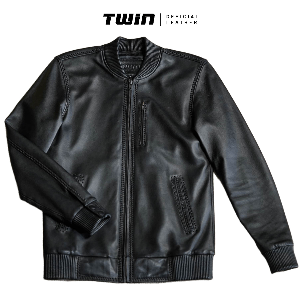 TWIN LEATHER Jaket Kulit Domba Bomber Sulam Hitam Coklat Pria Wanita