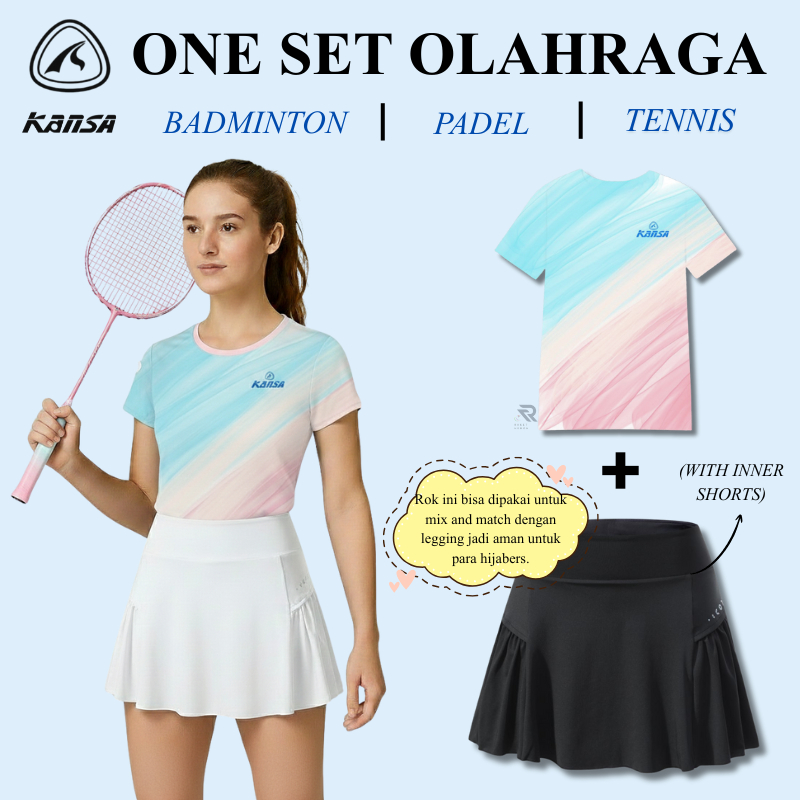 Pakaian Olahraga Wanita Kaos Olahraga UPF50+ KANSA Rok Padel Dalaman Bahan Spandek Polyester Premium