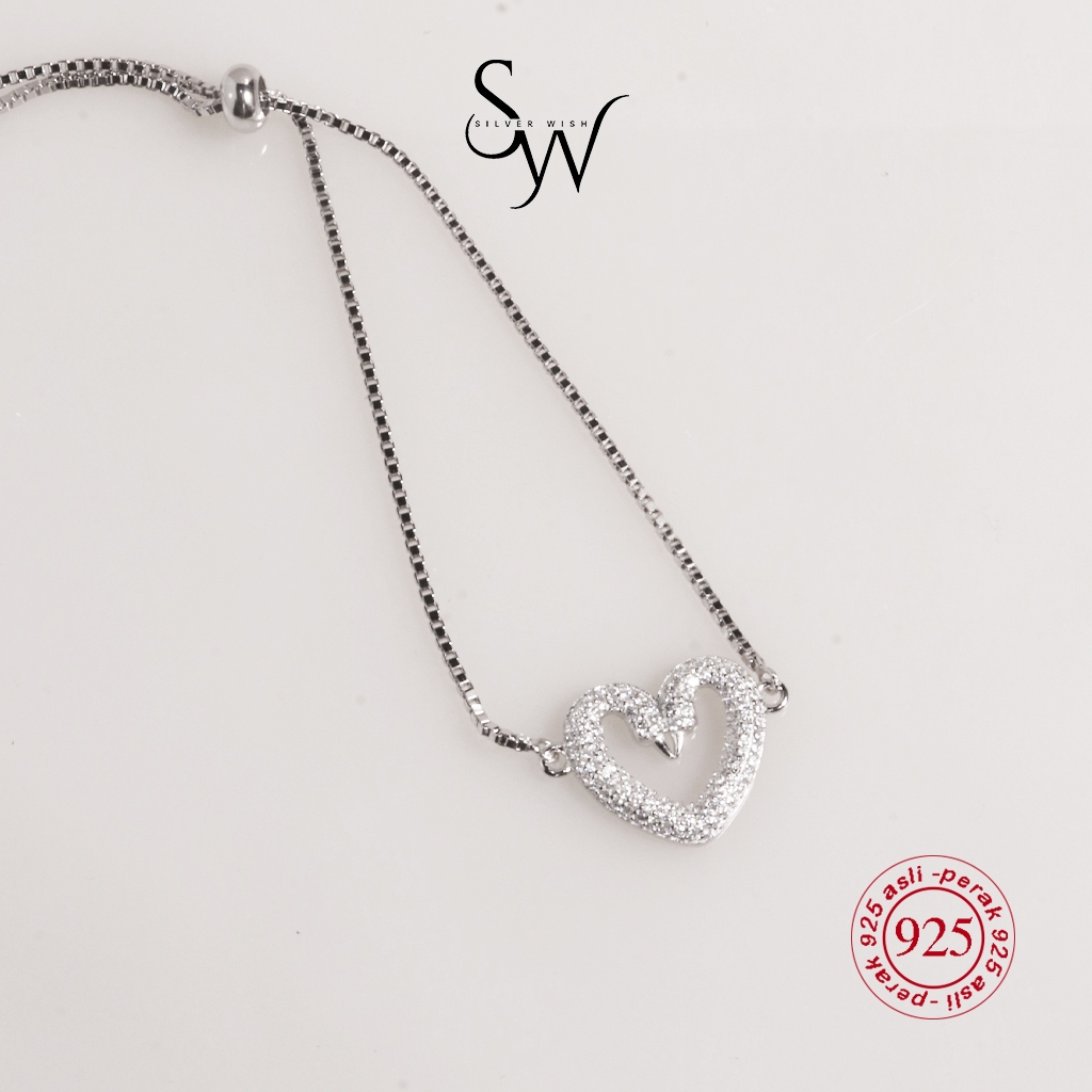 Silver Wish Gelang Serut Emas Putih Lapis Sterling Silver 925 - Perak 925 G6 Love Hati Cantik