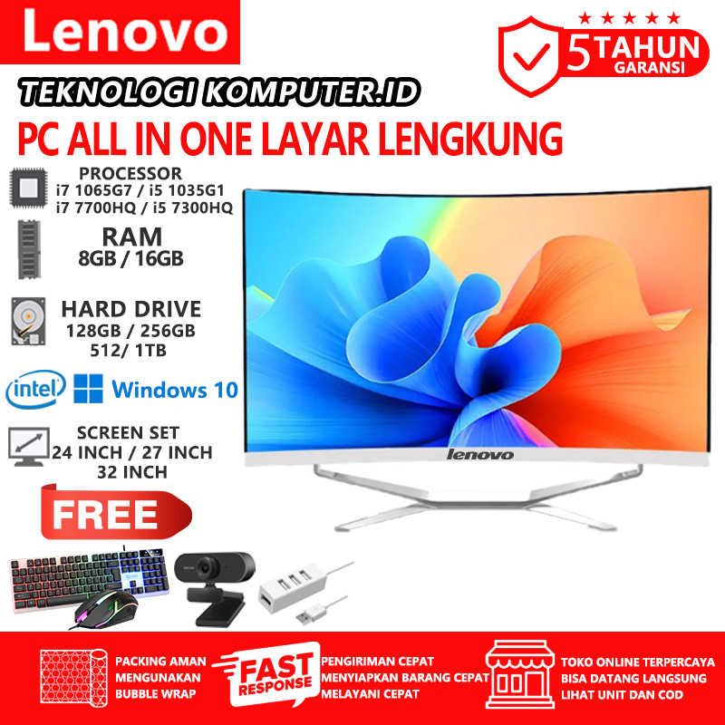 Lenovo Komputer PC All in One Curved 24/27/32inch Monitor Baru 2026TerBaru PC Gaming CPU Intel Core 