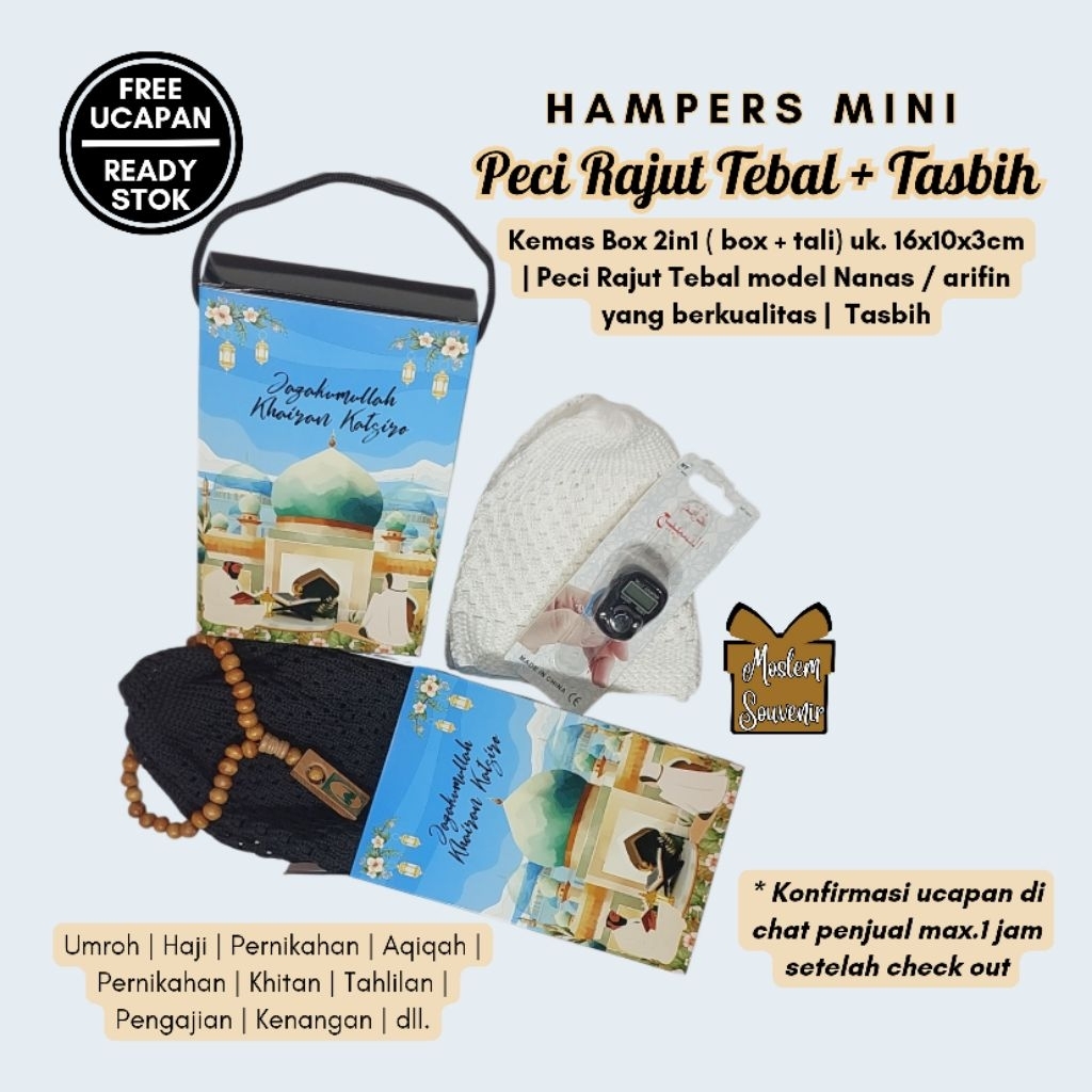 Souvenir Hampers Peci + Tasbih terjangkau berkualitas umroh haji pernikahan tahlil pengajian tasyaku