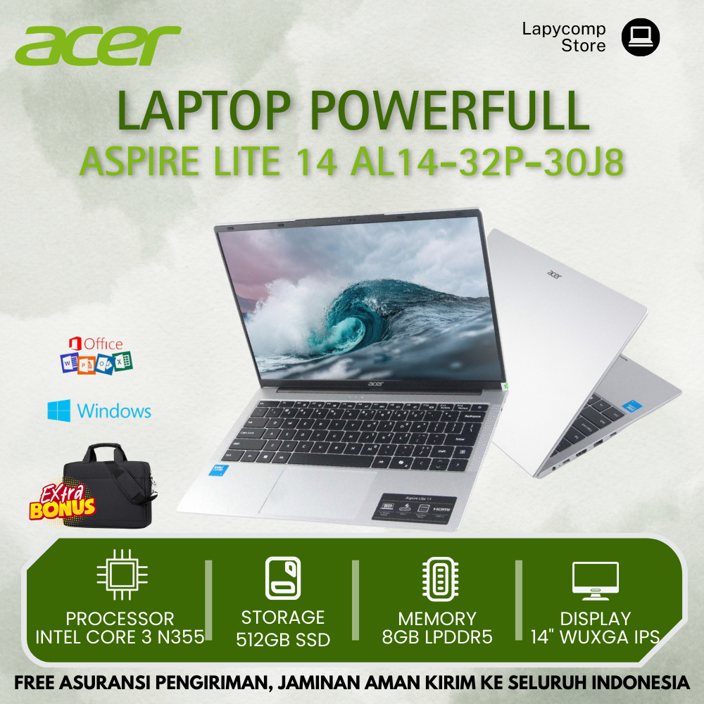 Laptop Baru Acer Aspire Lite AL14-30J8 Intel Core 3 N355 8GB RAM SSD 512GB 14" WUXGA IPS Display