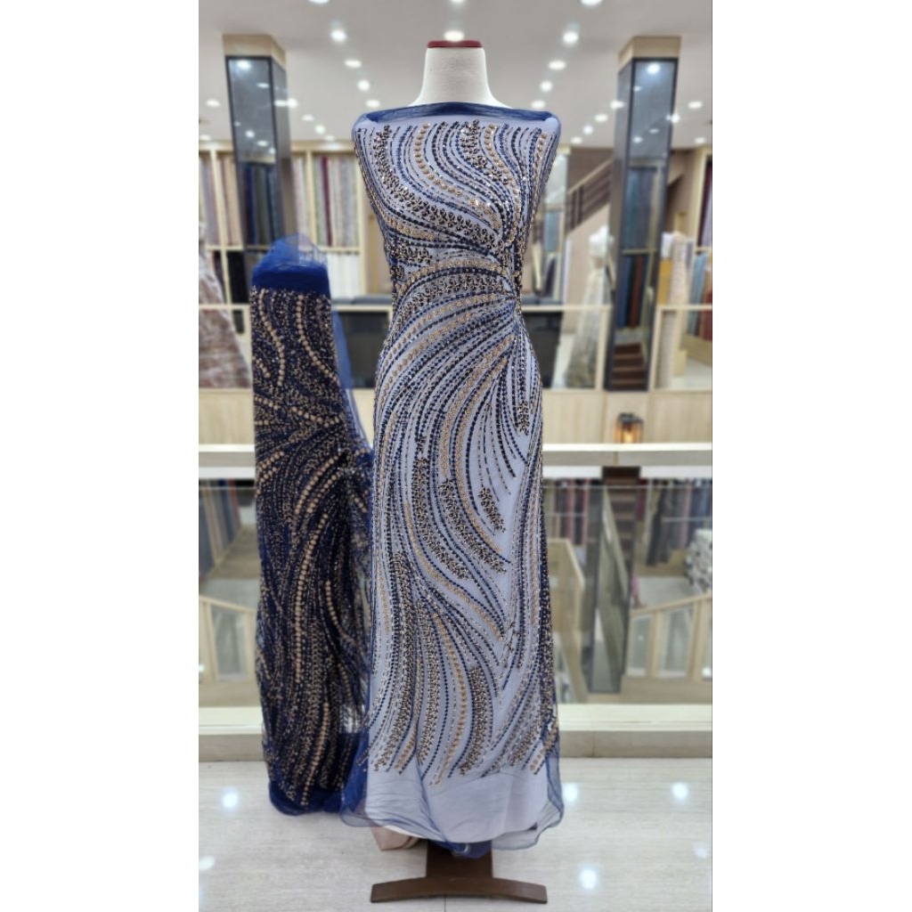 Bakal Kain Bahan Kebaya Tulle Full Payet Motif Salur/Kain Tile Payet Mewah/Kain Dress Pengantin
