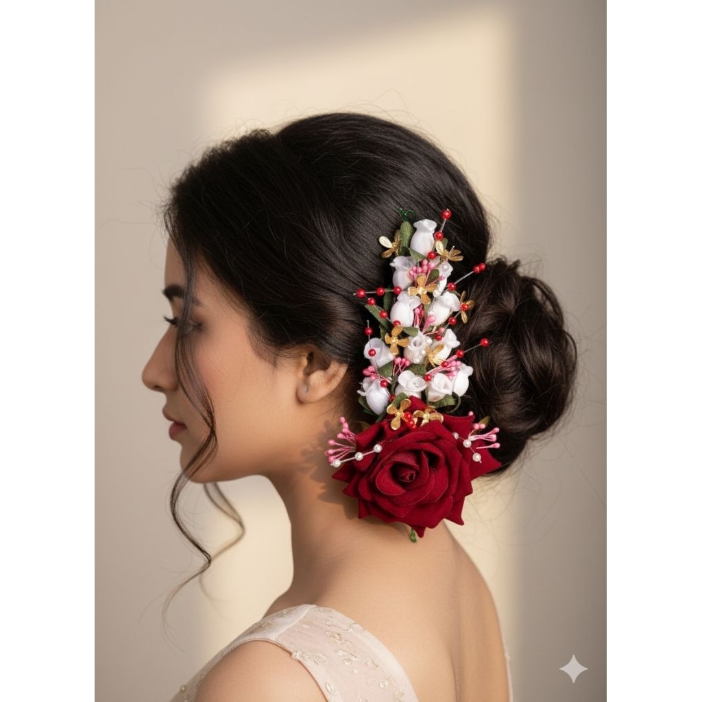 ​Aksesoris Rambut Bunga Mawar Merah Putih Elegan - Hiasan Sanggul Kondangan Wanita