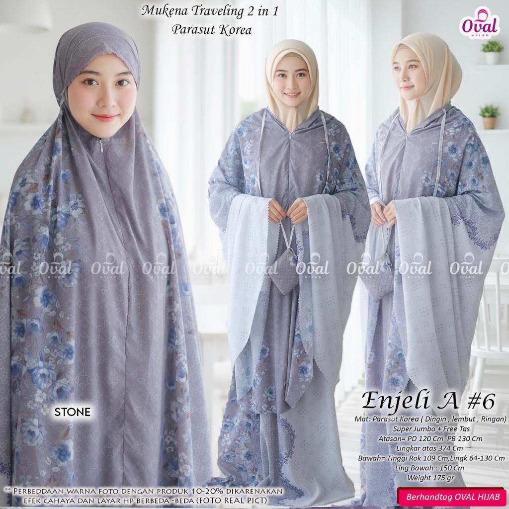 Enjeli A#6 Mukena Original Oval Hijab Mukena Traveling Parasut Korea 2in1 Zipper Depan Mukena Dewasa