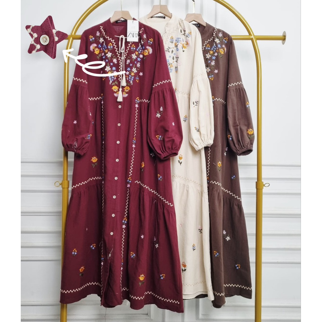 Gamis Bordir Katun Linen Viral / Gamis Lebaran Mewah Elegan