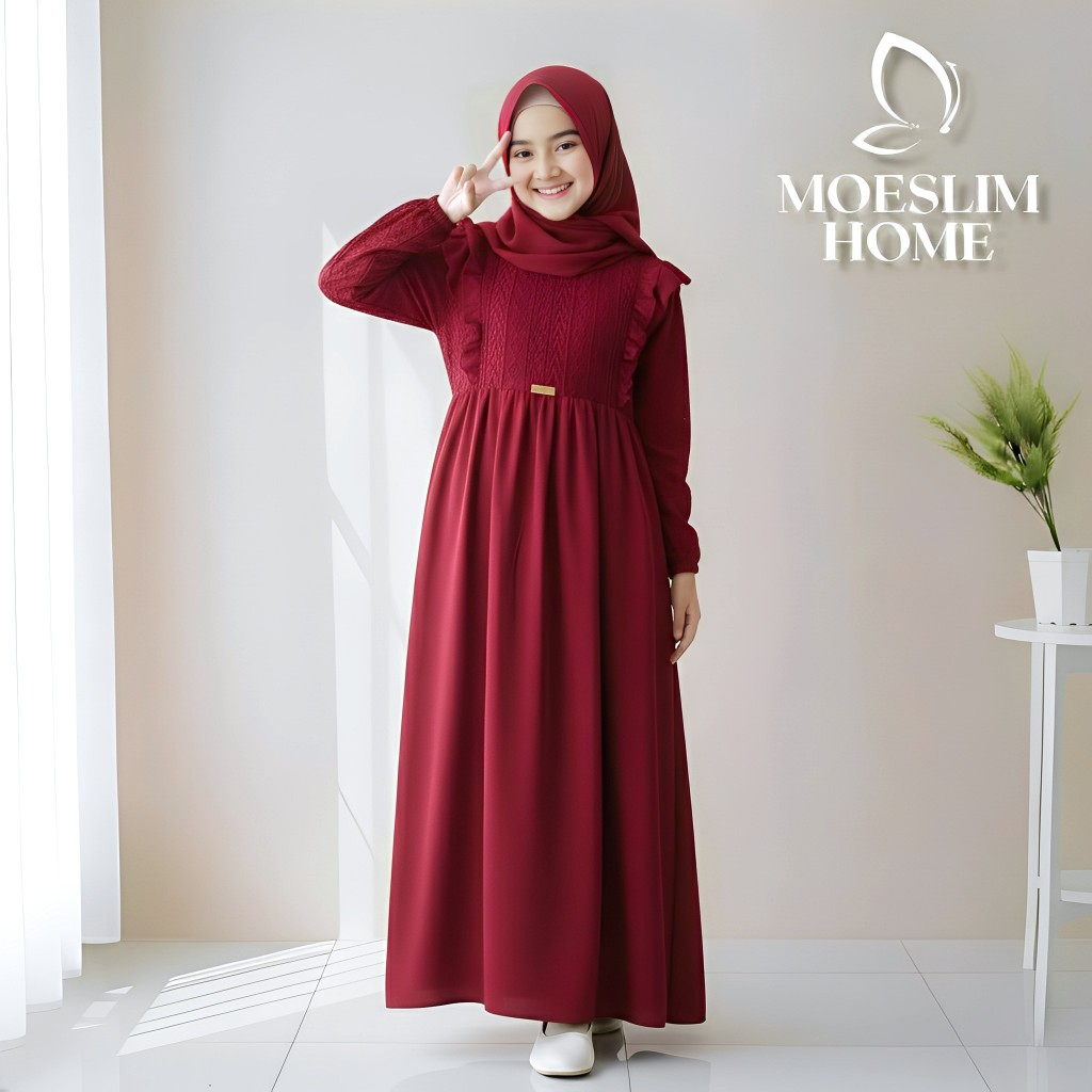 Gamis Set Pashmina Anak Perempuan Tanggung 5-13 Crinkle Airflow Import Mix Brokat Malika