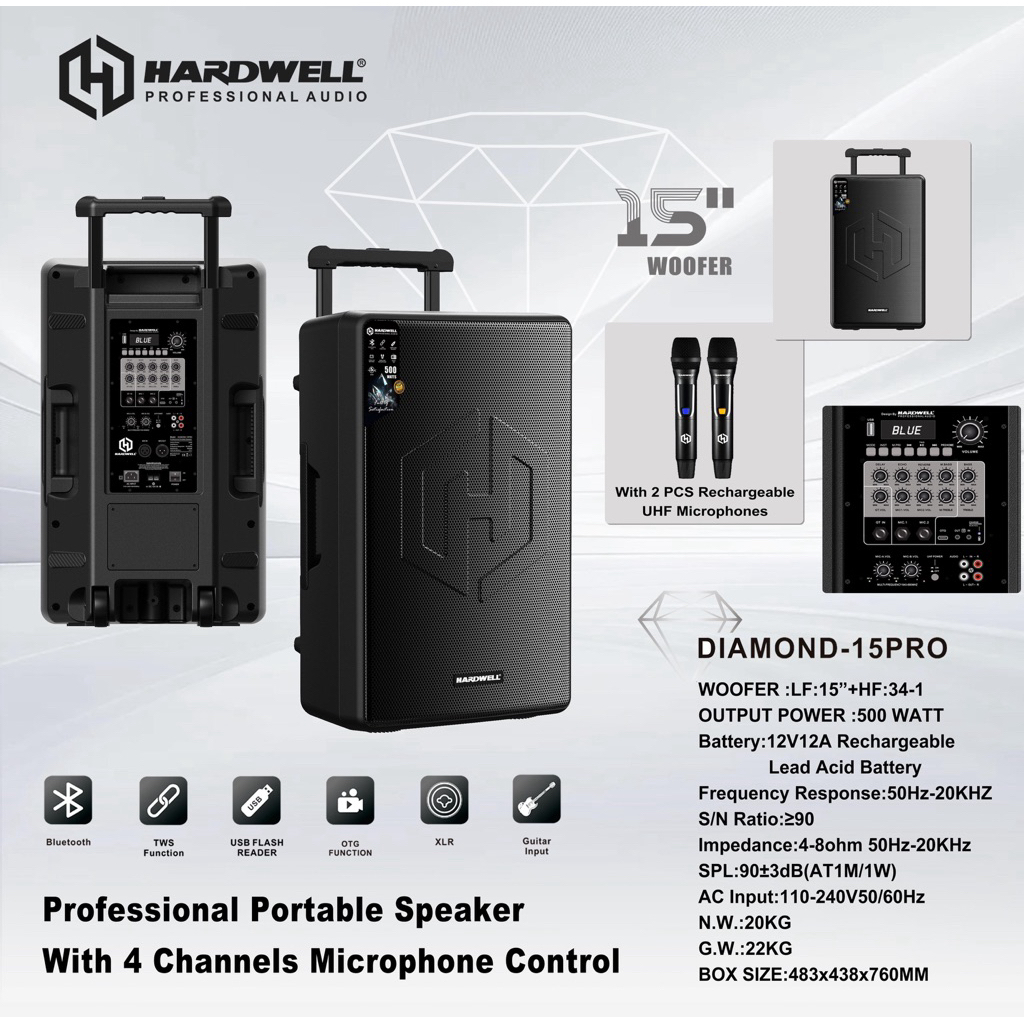 Speaker Portable 15 Inch Hardwell Diamond 15 Pro Original Speaker Portable Hardwell 15 Inch (500 Wat