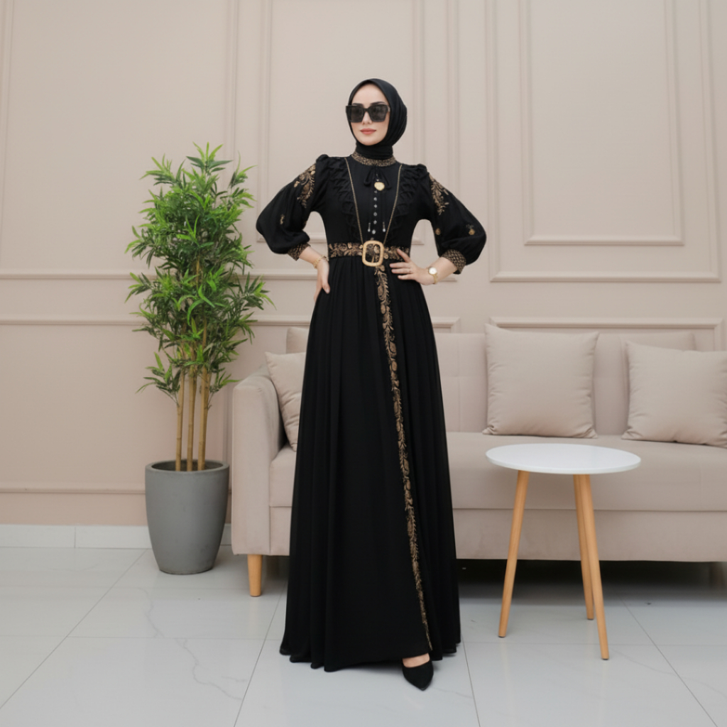 VITA - KANAYA DRESS ( WARNA HITAM ) GAMIS LEBARAN CERUTY BABYDOLL AKSEN BORDIR MEWAH