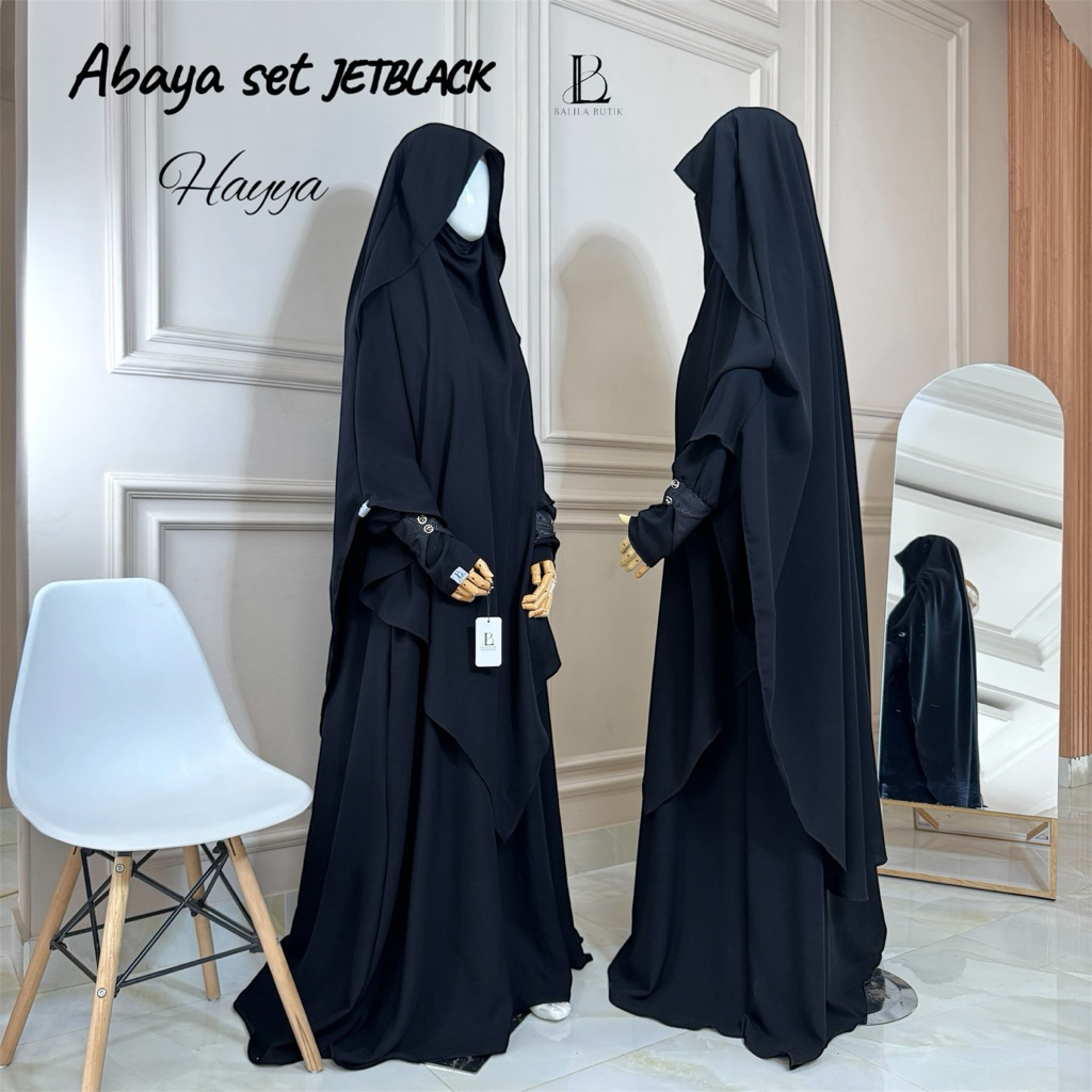 Balila Butik | Bahan JETBLACK Kiara Softer, Gamis Abaya Set French Khimar