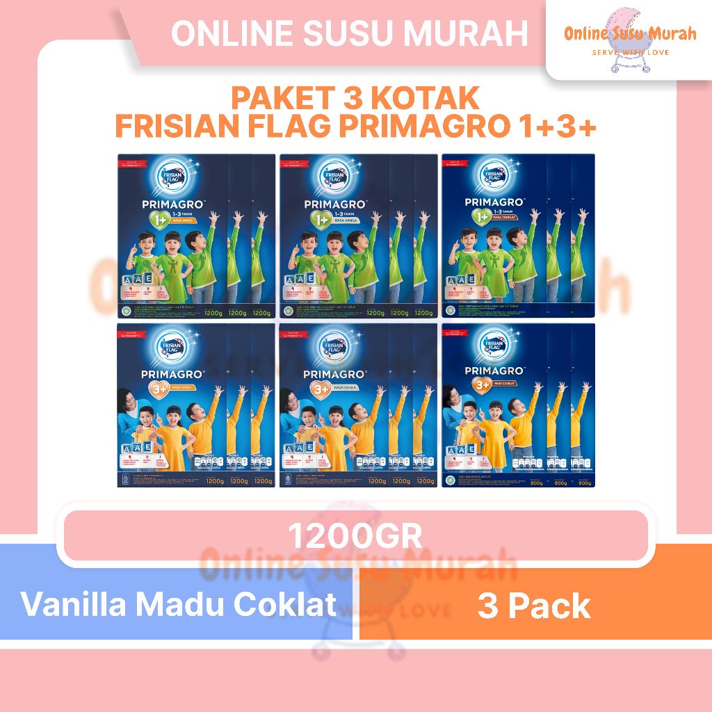 PAKET 3 KOTAK FRISIAN FLAG PRIMAGRO 1+ 3+ VANILA MADU COKLAT 1200GR SSKD