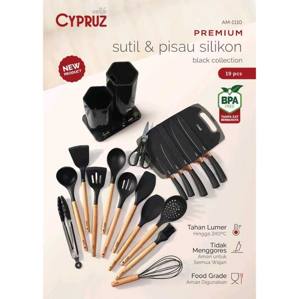 Cyprus Premium Silicone Utensil & Knives Peralatan Masak dan Set 19 Pcs dengan Desain Ergonomis dan 