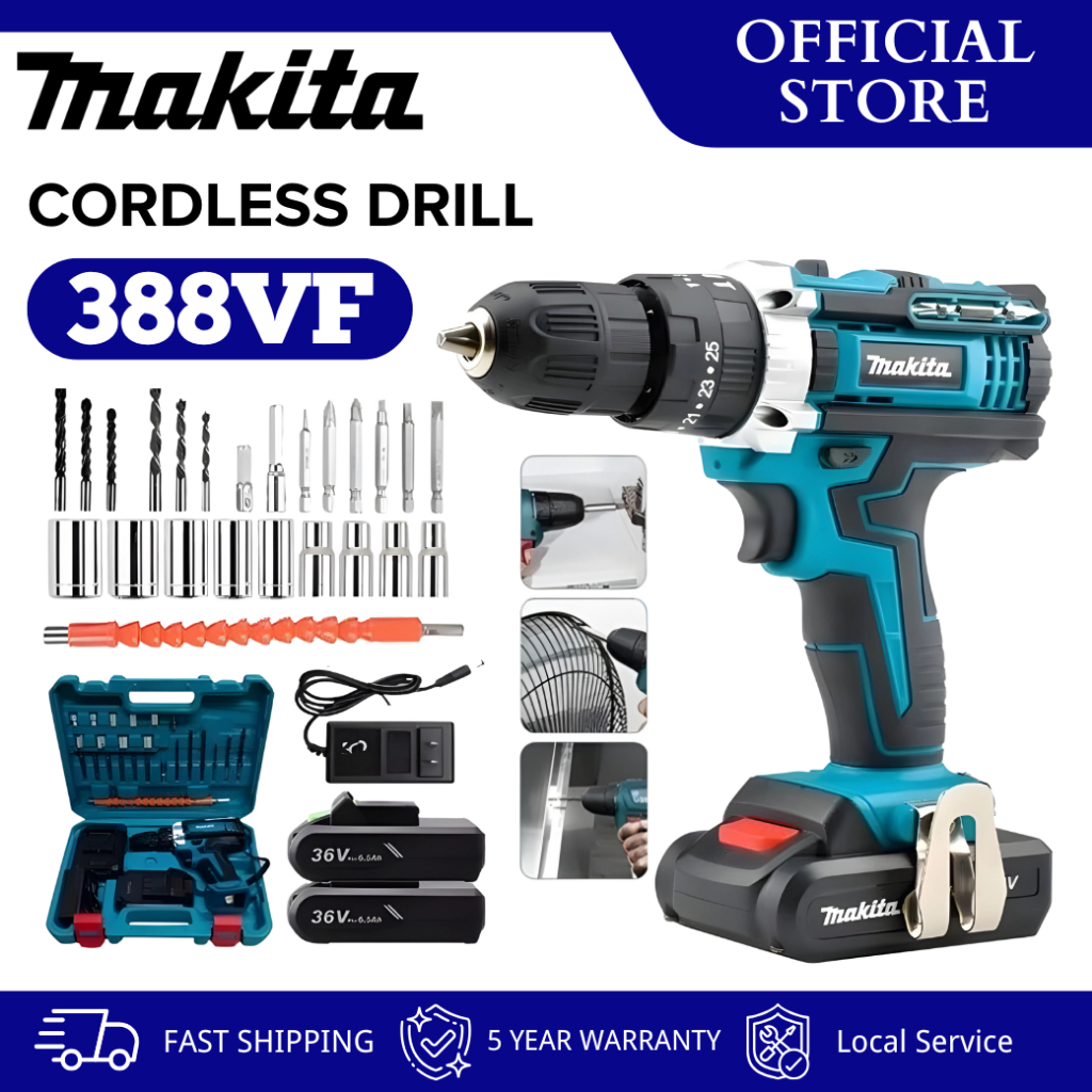 Makita 1288V Set Bor Listrik Tanpa Kabel | Peralatan Bor Elektrik | Bor Cas | Dilengkapi 2 Baterai