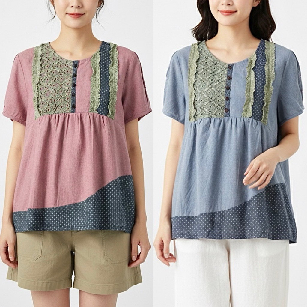 BLUS LINEN MERAH BIRU PANEL POLKADOT AKSEN RAMPEL LACE LENGAN KERUT KOREA IMPORT