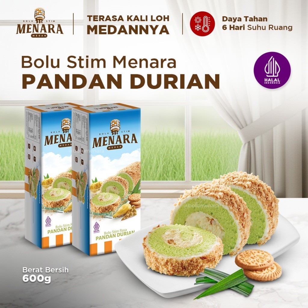 Promo Bolu Menara Pandan Durian - Reguler Pack (600 gr) - Oleh-oleh Khas Medan Instan Baru