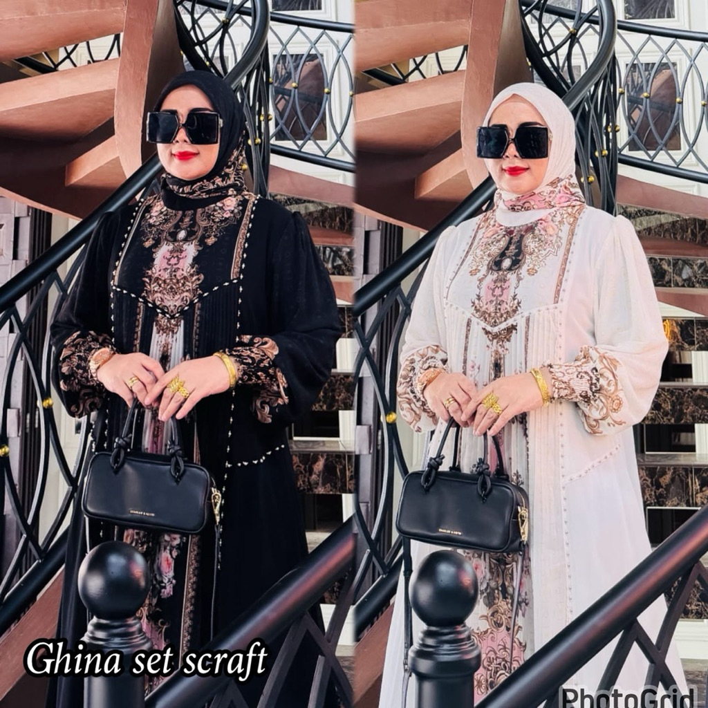 Ghina Set Dress / Gamis Ceruty Printing Set Hijab Segi 4 Printing / COD