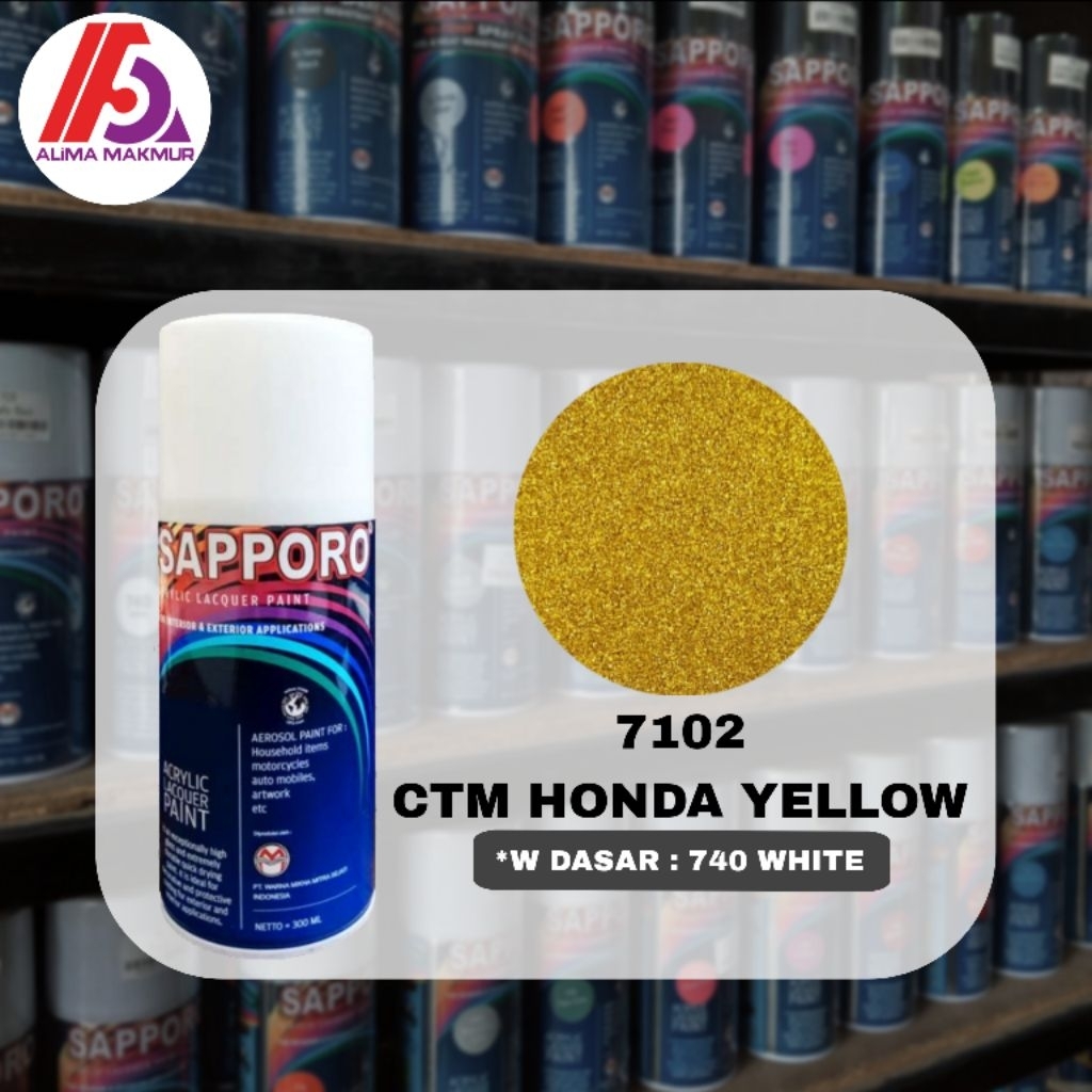 Sapporo Acrylic Lacquer Paint 7102 CTM Honda Yellow 300ml / Pilok Kuning Metalik / Cat Yellow Metali
