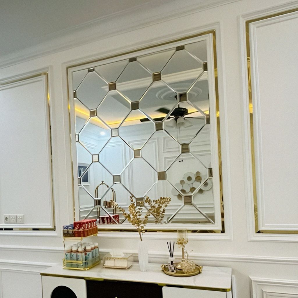 CUSTOM KACA CERMIN BEVEL TEBAL 5 MM/TEMPEL DINDING DEKORASI RUANGAN WALL MOULDING