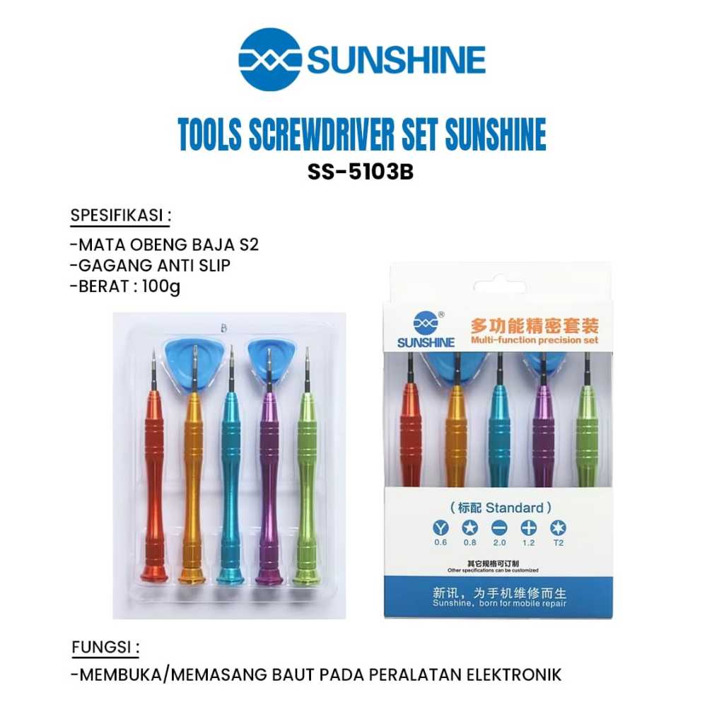 Obeng Set Presisi SUNSHINE SS-5103B – Baja S2, Anti Slip, Set Obeng Elektronik untuk Servis HP & Gad