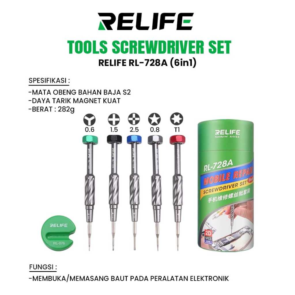Obeng Servis HP Relife RL-728A (6in1) Original – Set Obeng Presisi Baja S2, Magnet Kuat, Obeng Elekt