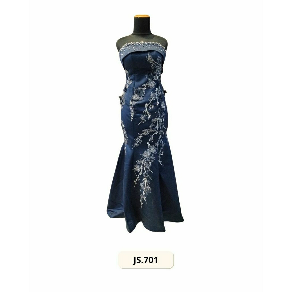 GAUN PESTA PRELOVED WARNA NAVY DENGAN MODEL MERMAID, KEMBEN (JS.701)
