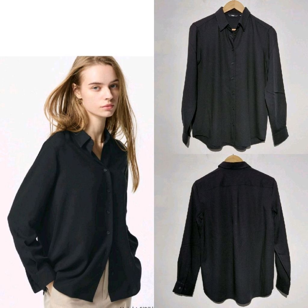 UNIQLO WANITA KEMEJA BLUS RAYON BLOUSE HITAM BARU ASLI ORIGINAL
