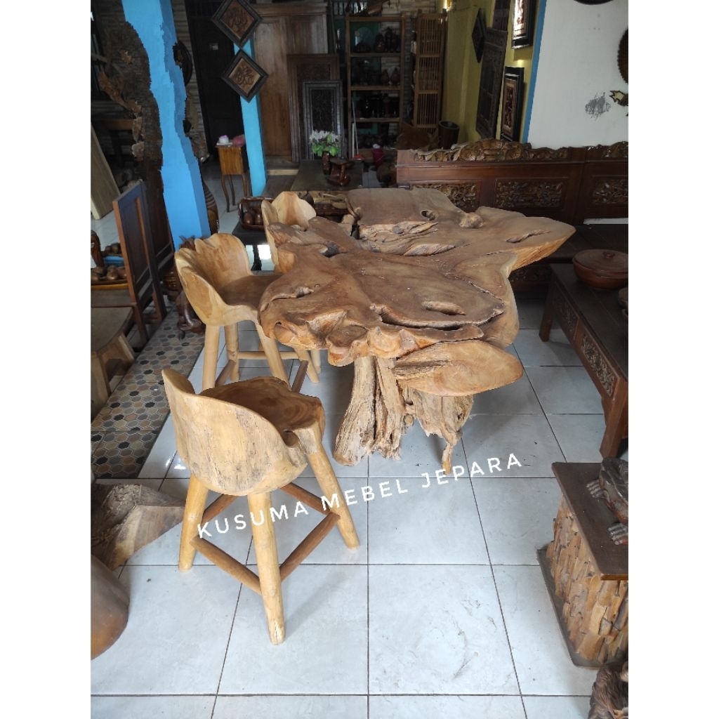 Set Meja Kursi Mini Bar Akar Kayu Jati Mebel Jepara (1 Meja dan 3 Kursi)