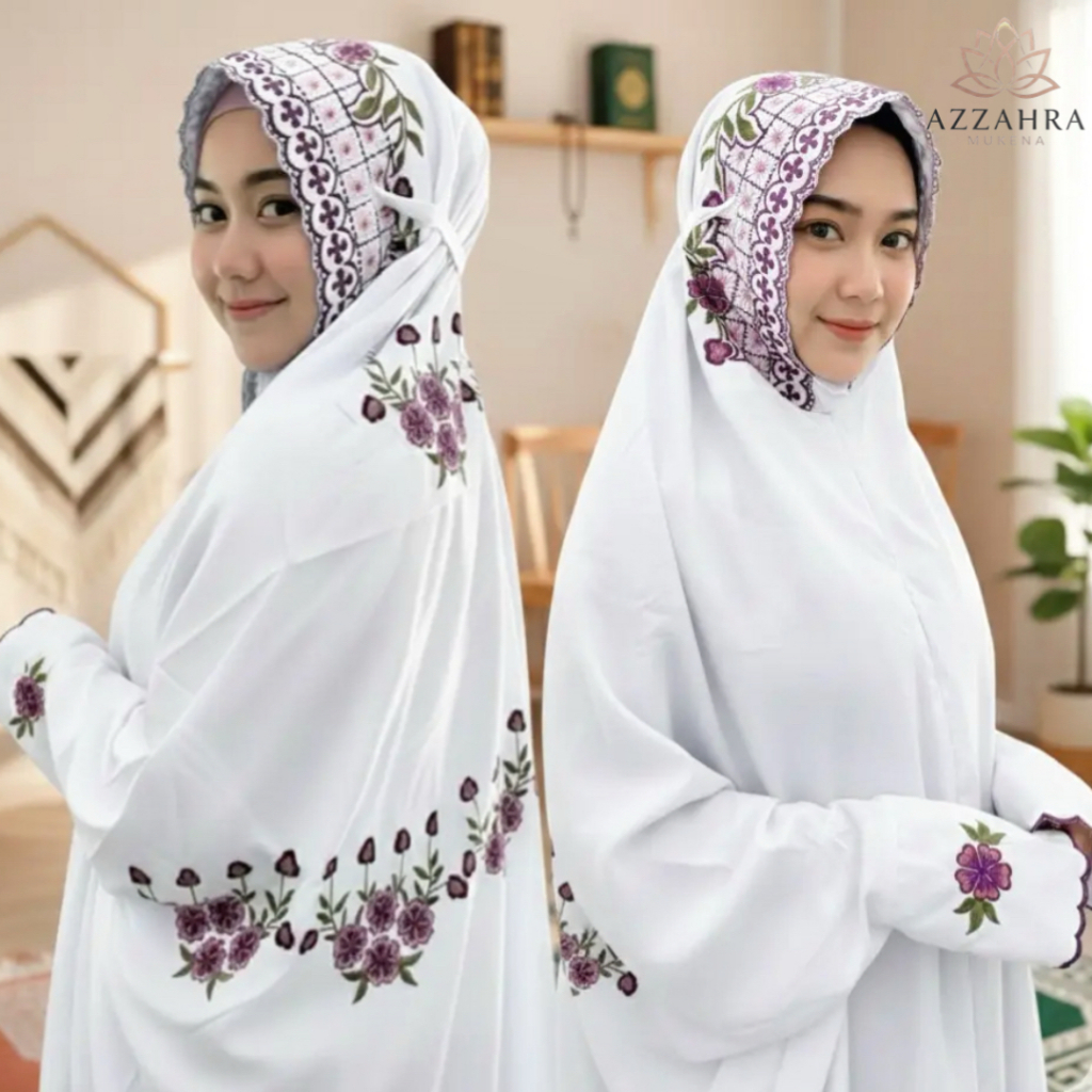 Mukena Terusan Putih Premium | Mukenah Lajuran Dewasa Motif Bordir Bunga Mawar Cantik | Katun Polino