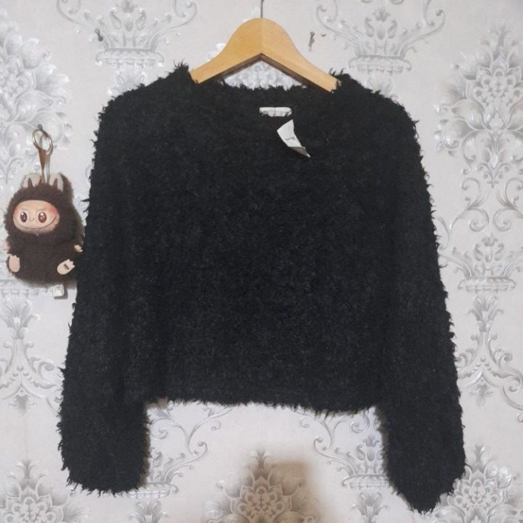 Fuzzy crop wanita Atasan Fuzzy Fuzzy bulu Rajut Fuzzy premium Crop fuzzy