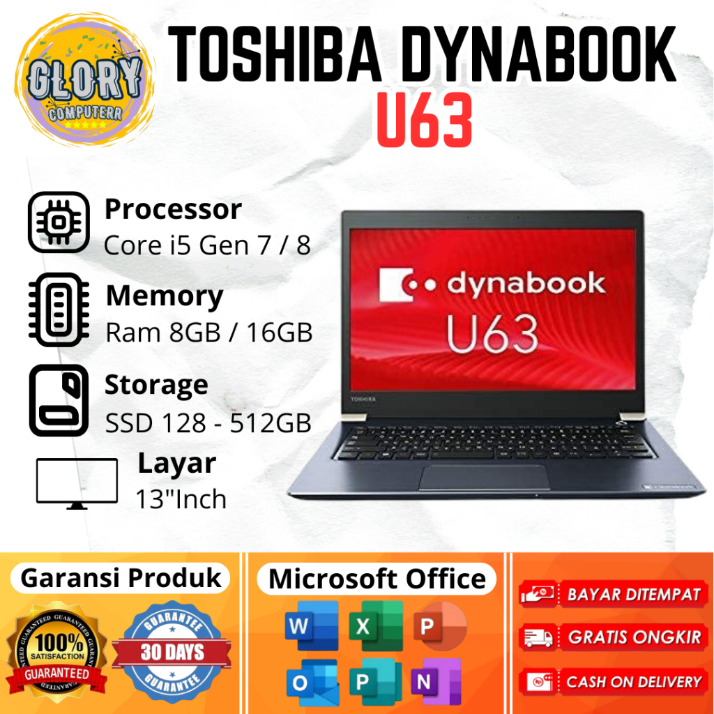 Toshiba Dynabook U63 Core i5 Gen 7 / 8 Ram 8GB / 16GB SSD 128GB / 256GB / 512GB, Layar 13"Inch FHD
