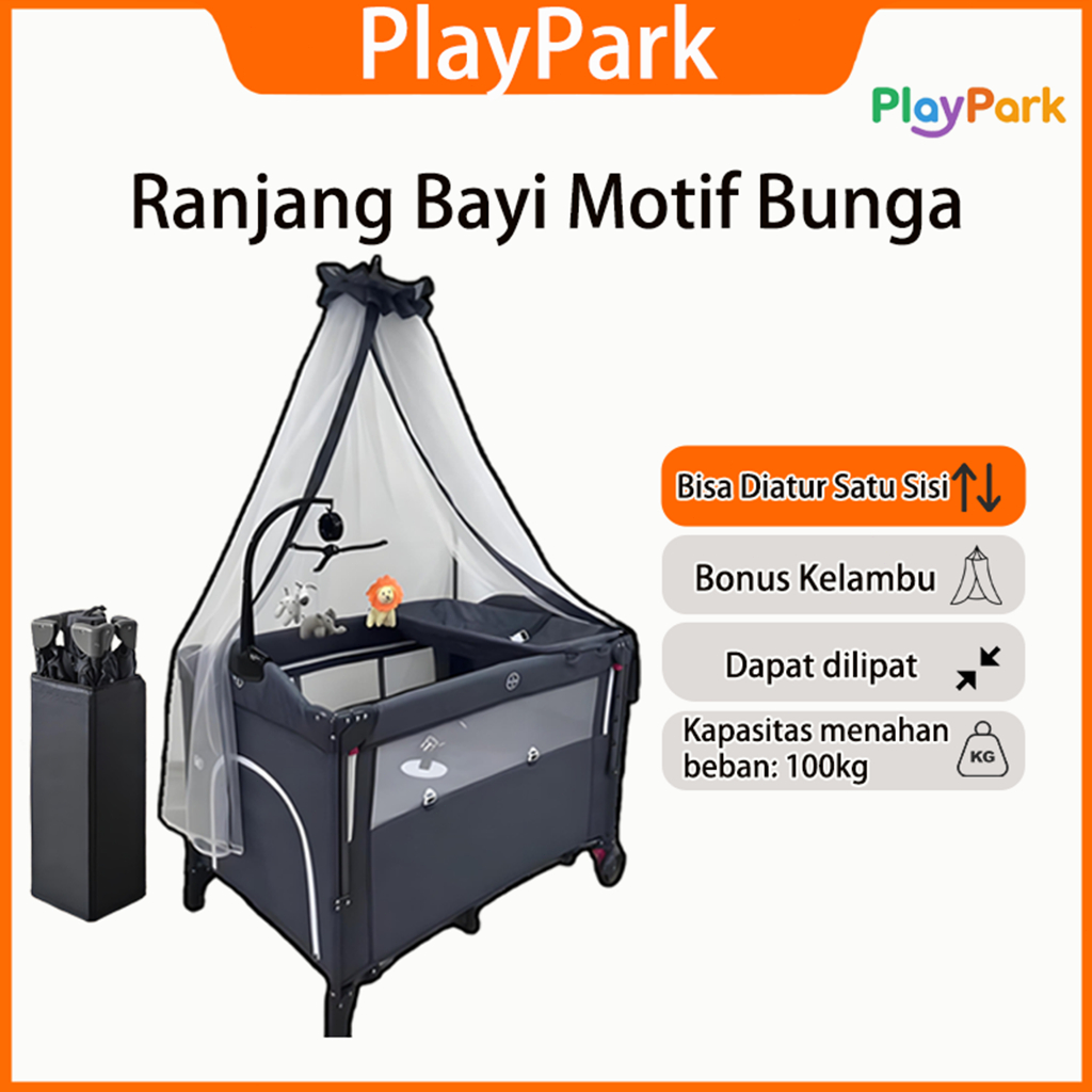 PlayPark Box Bayi Tempat Tidur Bayi 6in1 Bisa Dilipat, Portabel dengan Roda + Bonus Kelambu & Hadiah