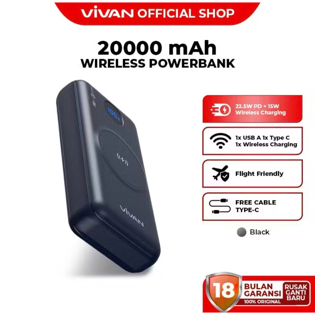 VIVAN Wireless and Cable Powerbank 20000mah