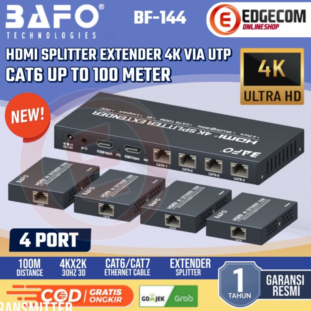 BAFO HDMI Extender & Splitter 2 Port / 4 port Over CAT6 LAN Cable 100 Meter support 4K30hz BF-143 BF