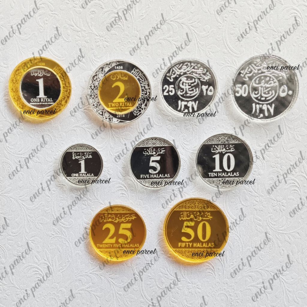 uang mainan replika koin 1 riyal 2 riyal mata uang saudi arabia arab hiasan mahar akrilik silver