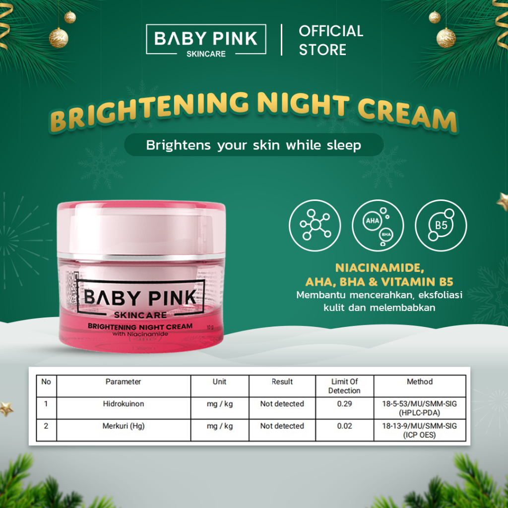 BABY PINK SKINCARE Brightening Night Cream 10g, krim malam dengan Niacinamide untuk mencerahkan & me