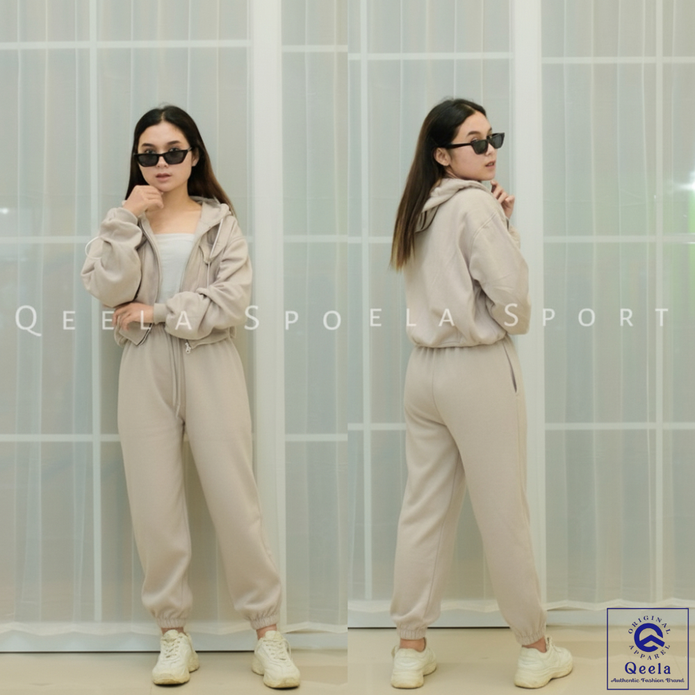 Setelan Training Hoodie Crop Zipper Sweatpants Jogger Setelan Wanita Kekinian