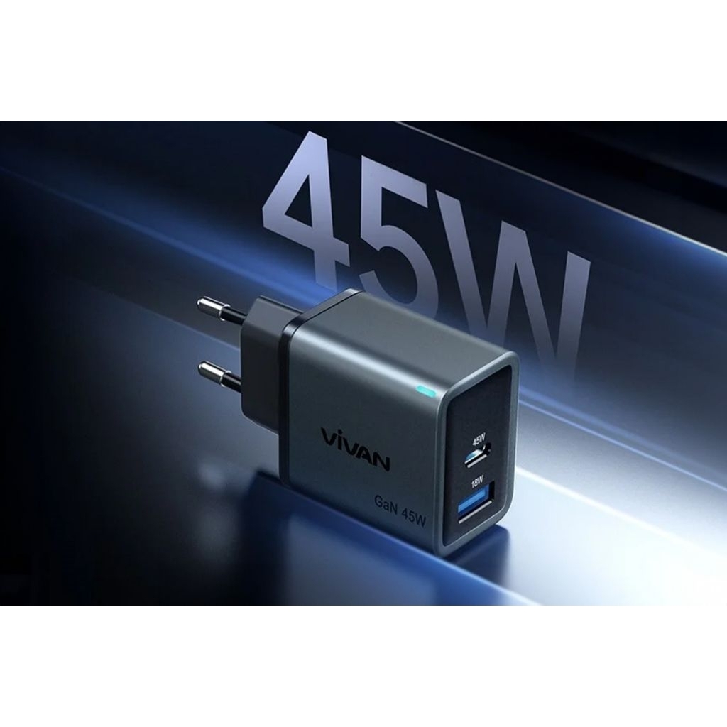 Adaptor Dual Port USB A - Type C 45W Vivan GaN08