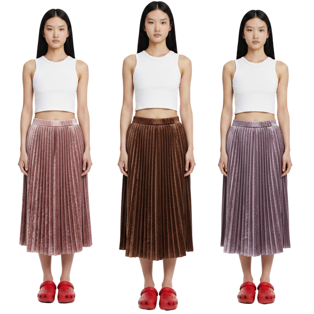 Rok Midi Plisket Velvet – Bahan Tebal, Jatuh & Mewah Rok Plisket 7/8 Beludru – Outfit Kondangan & Ca