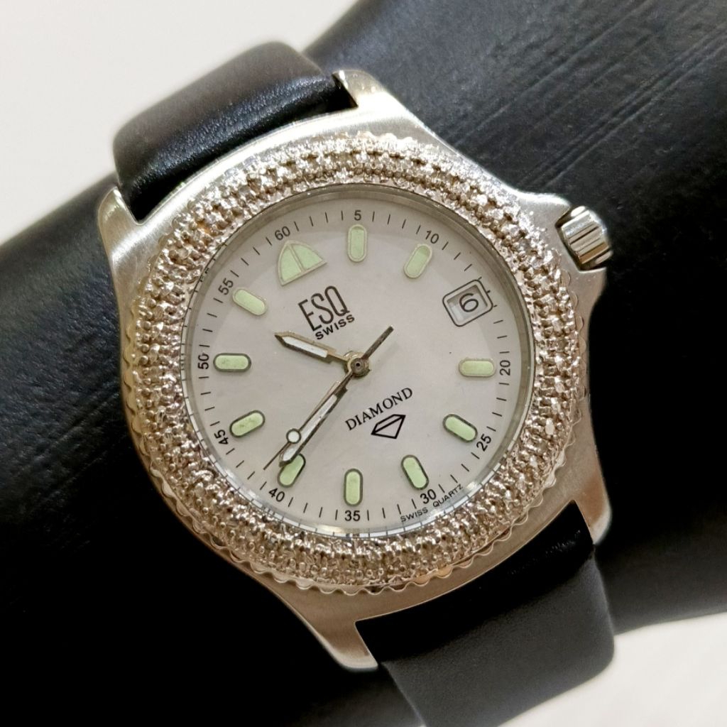 Jam Tangan ESQ by Movado Swiss MOP Diamond Bezel Quartz Watch Mewah Luxury Original Asli Kulit