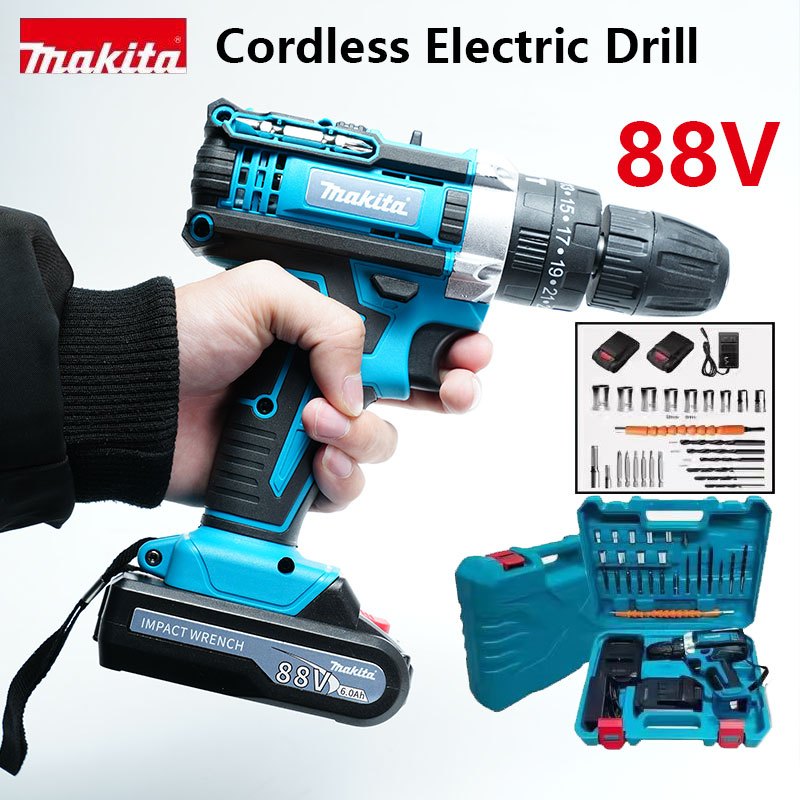 MAKITA 88vf Mesin bor 2baterai cas 10mm bor listrik murah bor tangan baterai besi tembok Beton kayu 