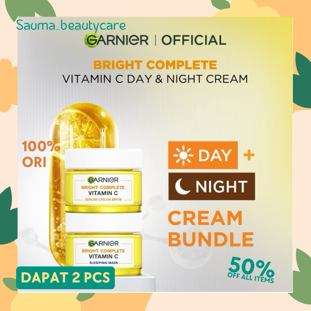 paket garnier bright complete vitamin c day night cream 50ml krim siang malam garnier