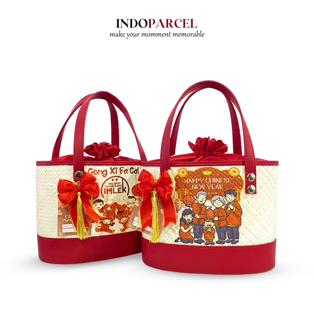 INDOPARCEL - Tas Oval Serut Imlek Anyaman Pandan Tas Bingkisan Gift Bag Tas Kado Tas Totebag Decopag