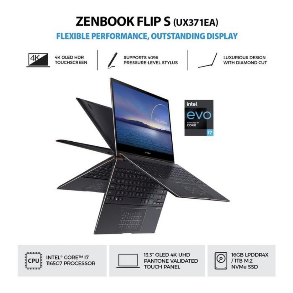 ASUS Zenbook Flip S UX371EA Laptop 4K OLED HDR Touchscreen Intel Core i7 1165G7 13.3 Inch OLED 4K UH