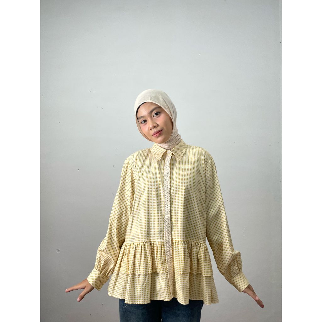 gretnes - Maira Long Sleeve Gingham Blouse | Atasan Wanita Kotak-Kotak Renda Rajut | Blouse Kemeja K