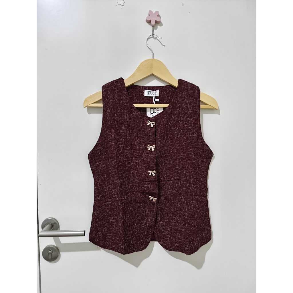 Korean Sleeveless Tweed Ribbon Vest Top Import Bangkok/BKK in Burgundy